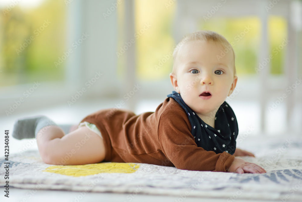 Cute five months old baby boy lying on his tummy. Baby during tummy time. Adorable child learning to crawl. Cute five months old baby boy lying on his tummy. Baby during tummy time. Adorable child learning to crawl.