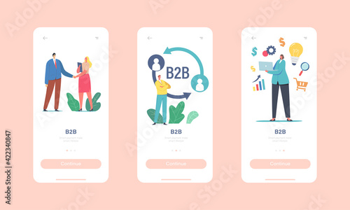 B2B Business to Business Partnership Collaboration Mobile App Page Onboard Screen Template. Business Cooperation Concept