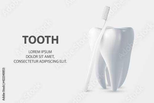 Vector 3d Realistic Toothbrush and Tooth Closeup Isolated on White Background. Medical Dentist Illustration. Design Template, Clipart, Mockup. Dental Health Concept