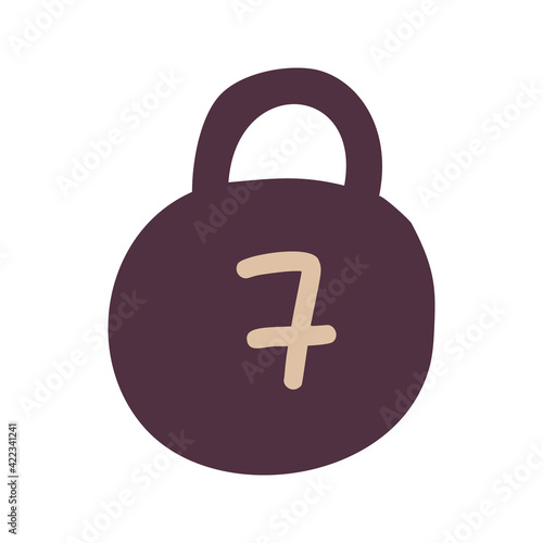 Single clipart kettlebell of sports equipment set. Cute vector hand drawn illustration. Training at home. Fitness clipart about healthy lifestyle. Sports in home. Isolated on white background..