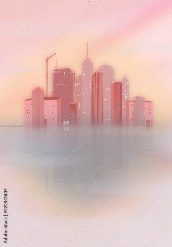 Tło z wieżowcami, drapaczami chmur i budynkami tworzacymi linię miasta lub centrum, w kolorach różowym, beżu i szarym.