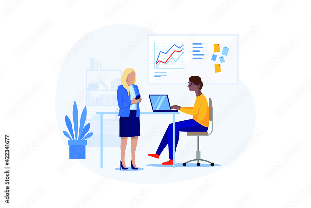Young woman using mobile phone while talking to man Young woman using mobile phone while talking to man
