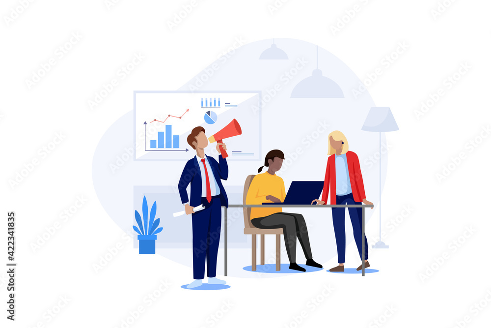 Male business leader speaker talking at meeting with a megaphone Male business leader speaker talking at meeting with a megaphone