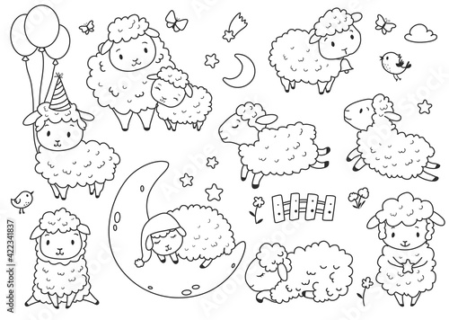 Cute sheep set. Kids coloring page. Hand drawn vector illustration. Black and white clip art.
