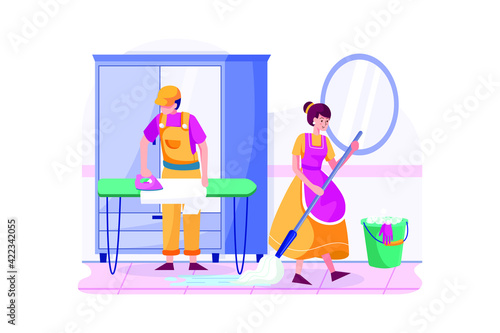 The cleaning workers are on duty. 