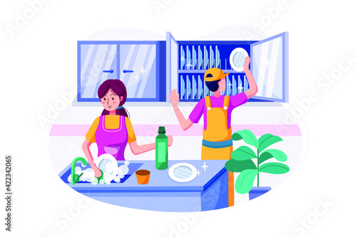 The cleaning team is washing and arranging the dishes. 
