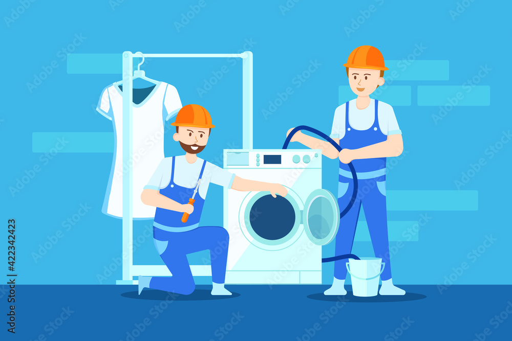 Plumbers are soaking up and fixing the washing machine. Plumbers are soaking up and fixing the washing machine.