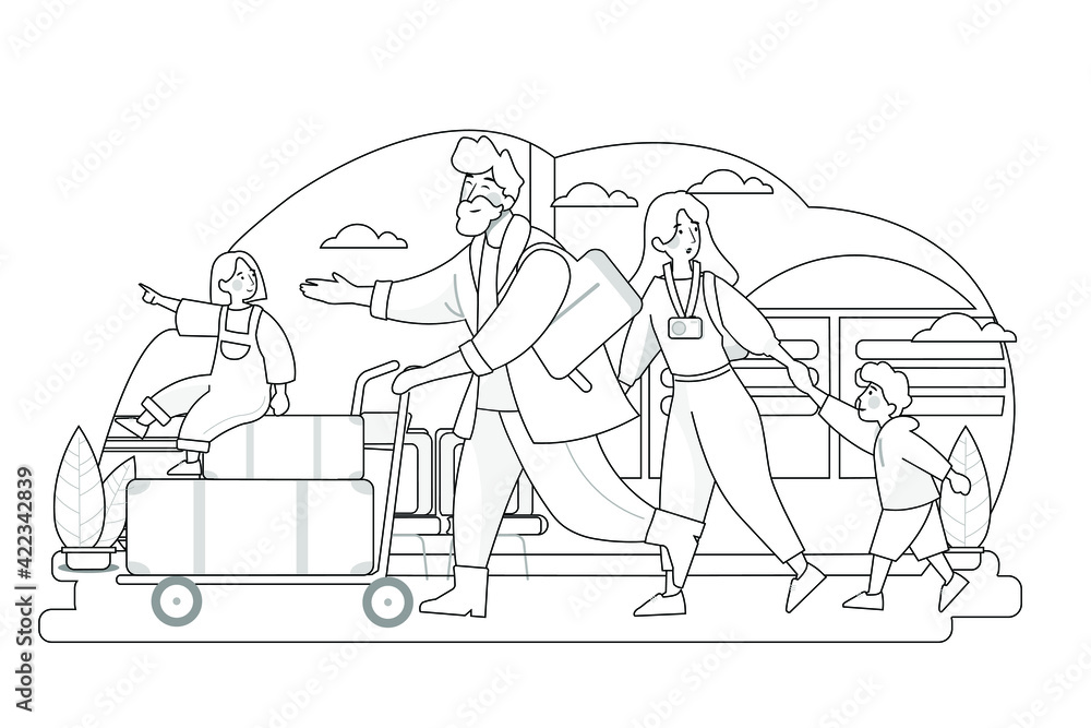 Family travel. Parents and children at the airport fly away for a vacation. 