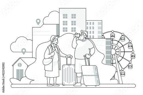 Elderly couple of tourists. Grandmother and grandfather with suitcases are traveling to travel.