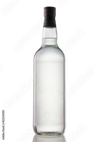 Bottle of clear alcohol drink on white background