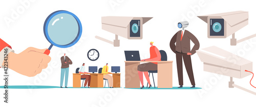 Business Characters under Chef Observation at Work, Privacy. Hand Hold Huge Magnifying Glass Watching on Businesspeople