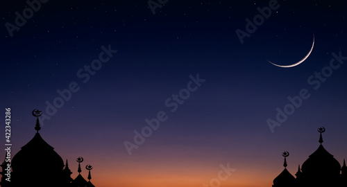Canvas Print Mosques dome on dark blue twilight sky and crescent moon on background, symbol islamic religion and free space background well for text arabic present, Eid al Adha, Eid Al fitr