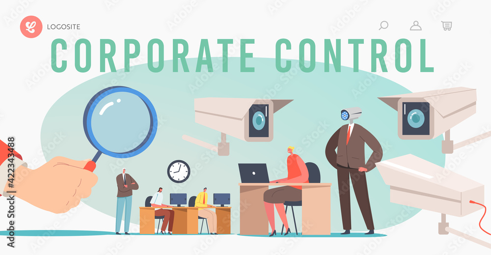 Corporate Control Landing Page Template. Business Characters under Chef Observation at Work, Hand Hold Huge Glass Corporate Control Landing Page Template. Business Characters under Chef Observation at Work, Hand Hold Huge Glass