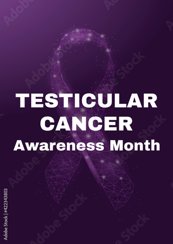 Ribbon awareness Testicular Cancer.  Banner template with glowing low poly. Futuristic modern abstract.  Isolated on black background. Vector illustration.
