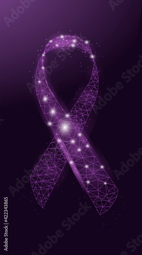 Ribbon awareness Testicular Cancer.  Banner template with glowing low poly. Futuristic modern abstract.  Isolated on black background. Vector illustration.