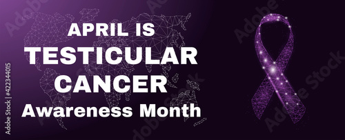 Ribbon awareness Testicular Cancer.  Banner template with glowing low poly. Futuristic modern abstract.  Isolated on black background. Vector illustration.