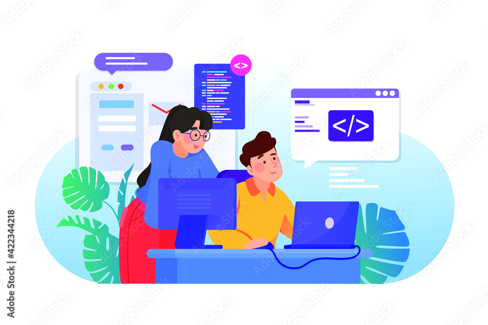 Man and woman are working together on programming