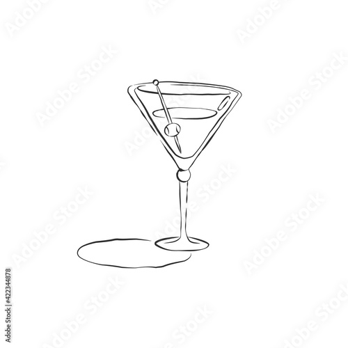 Wineglass martini with olive on a skewer. Concept of beverage and snacks. Retro glassware hand draw. Restaurant illustration. Simple sketch. Isolated on white background in engraving style