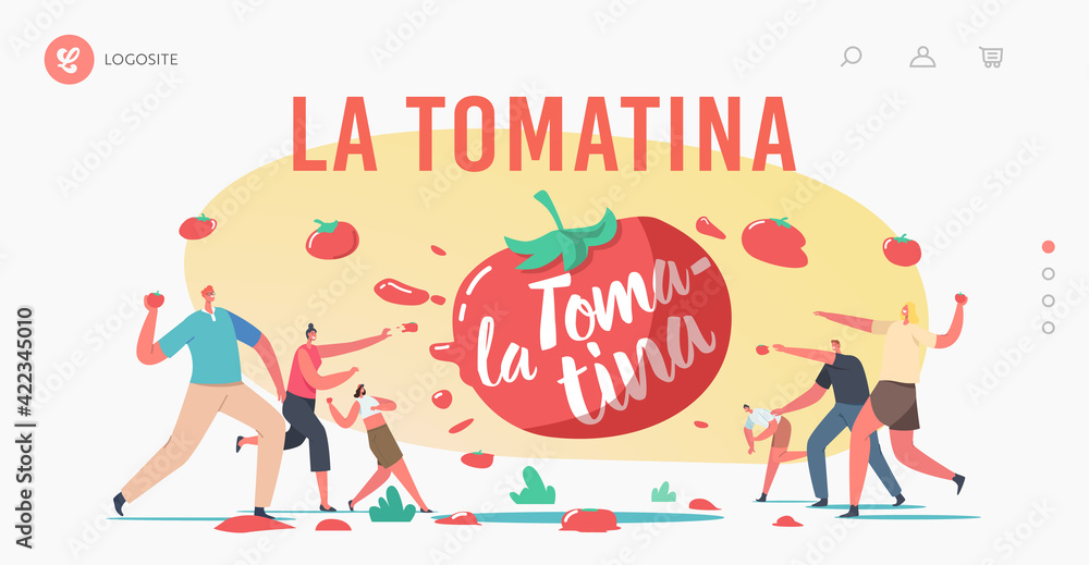 La Tomatina Landing Page Template. Tomato Festival Celebration. Happy Characters Throw Vegetable to Eath Other
