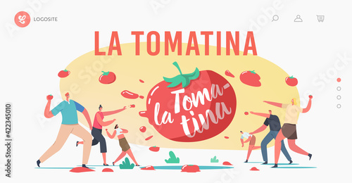 La Tomatina Landing Page Template. Tomato Festival Celebration. Happy Characters Throw Vegetable to Eath Other photo