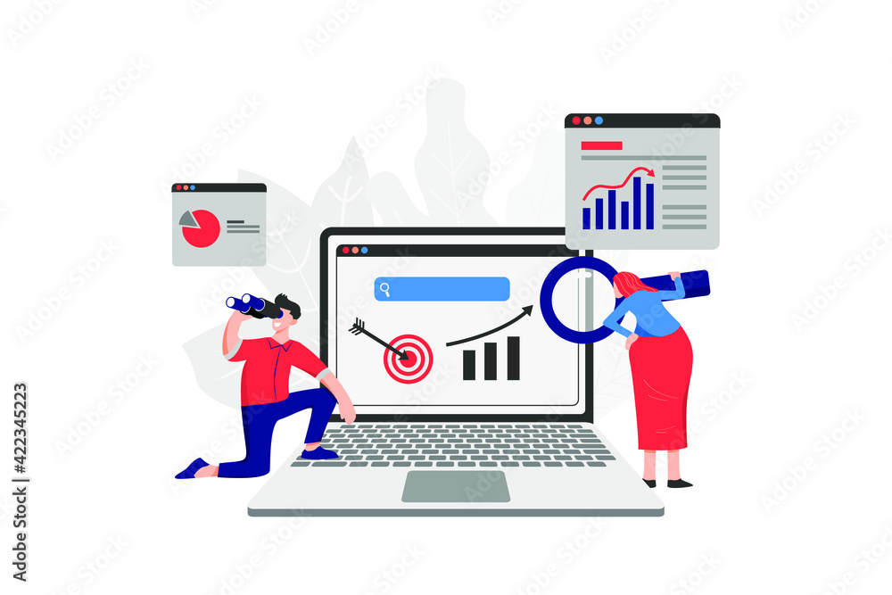 A person holding a binoculars and a woman holding a magnifying glass look at the screen to study the market A person holding a binoculars and a woman holding a magnifying glass look at the screen to study the market
