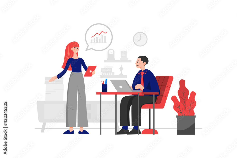 A female employee is reading financial statements for the director in the office. A female employee is reading financial statements for the director in the office.