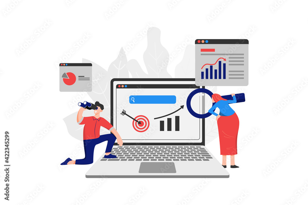 A person holding a binoculars and a woman holding a magnifying glass look at the screen to study the market A person holding a binoculars and a woman holding a magnifying glass look at the screen to study the market
