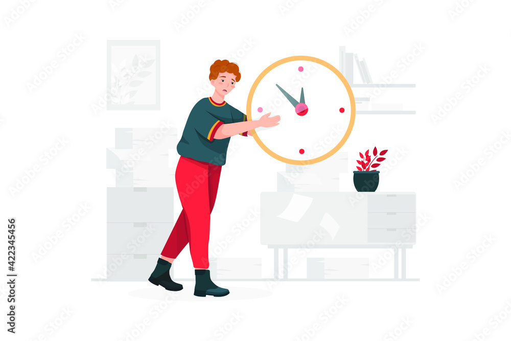 Confused man trying to adjust the big clock. Confused man trying to adjust the big clock.