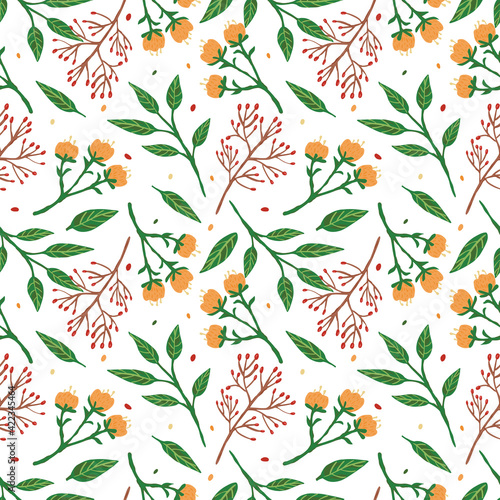 Herbal seamless pattern on white background. Abstract texture decoration with leaf, flowers and sprigs of berries. Vintage Spring floral art for print.Summer garden texture.
