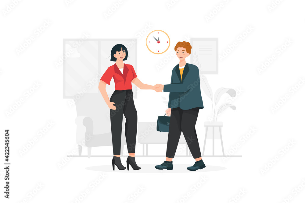 Two people happily shook hands with each other. Two people happily shook hands with each other.