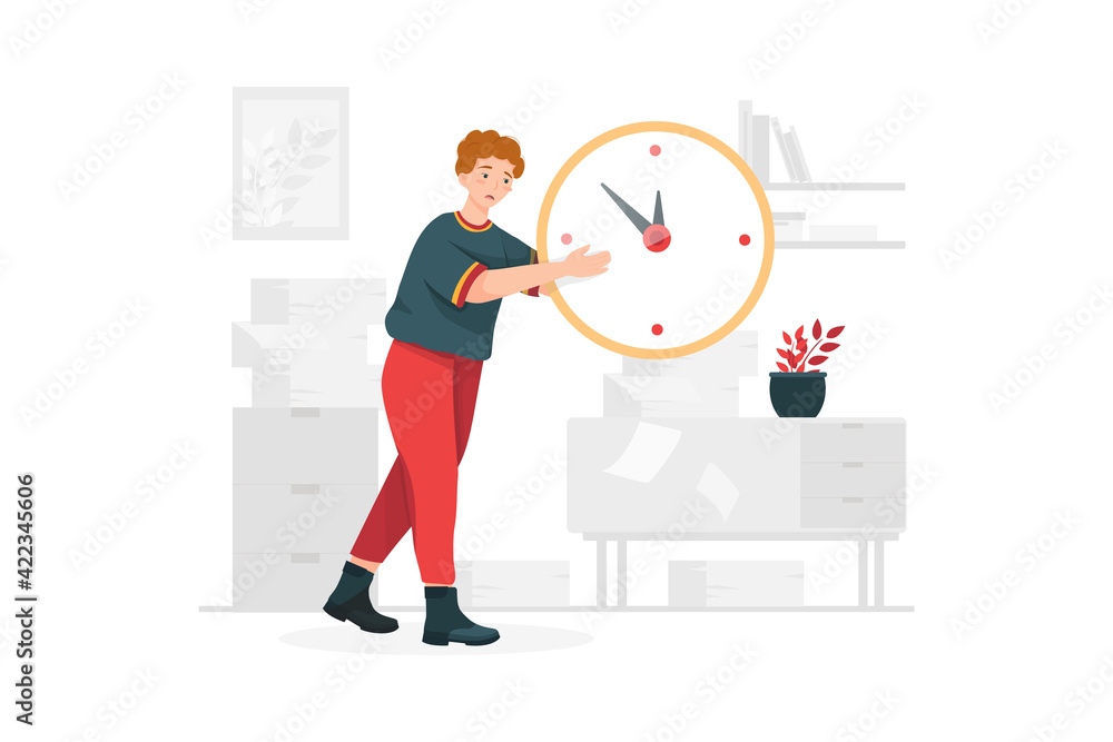 Confused man trying to adjust the big clock. Confused man trying to adjust the big clock.