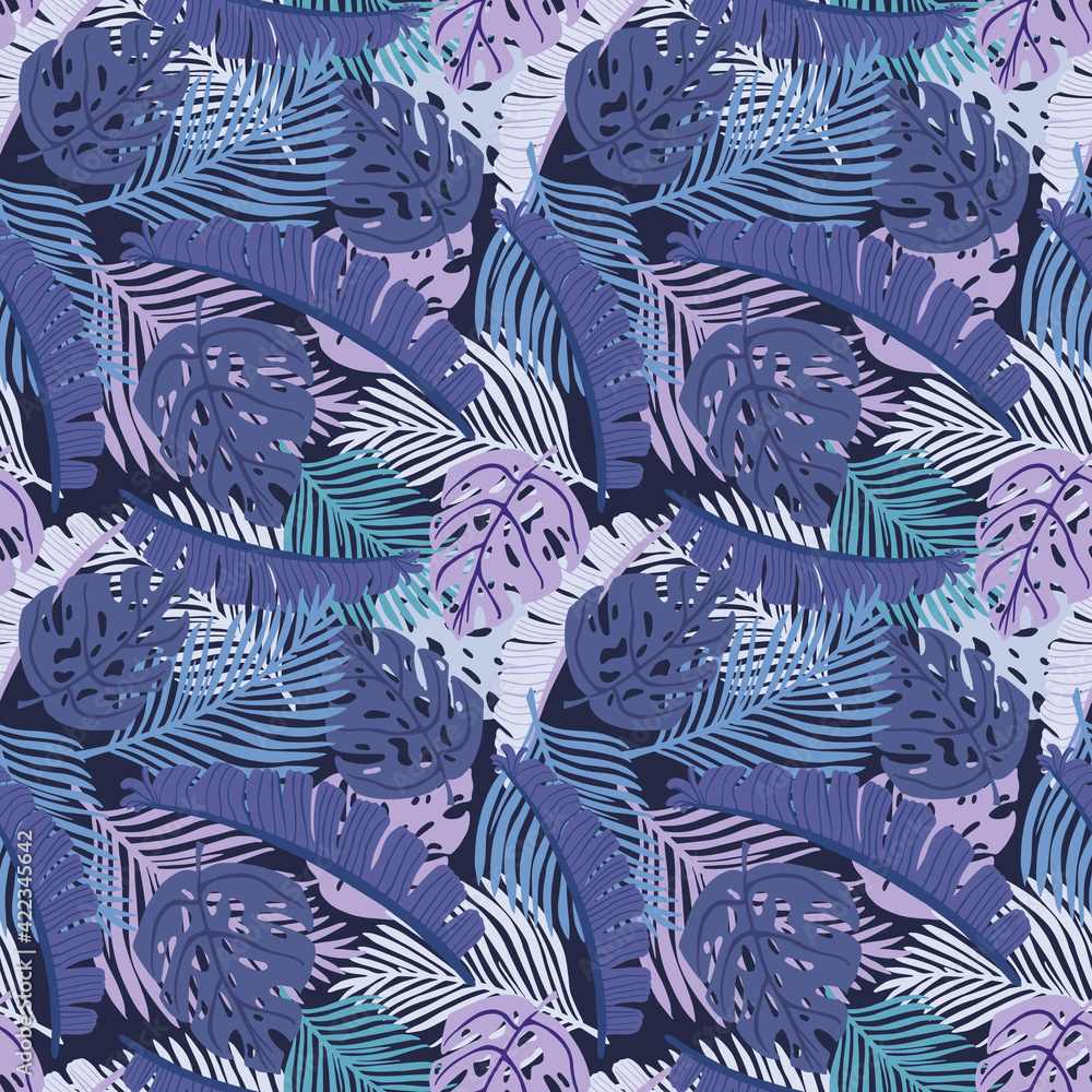 Tropical seamless pattern on dark background. Abstract texture decoration with leaf monstera, palm and banana in blue and purple. Fashion of summer nature jungle for print.