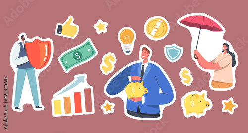 Set of Stickers Fund Safety Theme, Businesspeople Characters with Umbrella, Piggy Bank and Shield. Light Bulb, Dollar