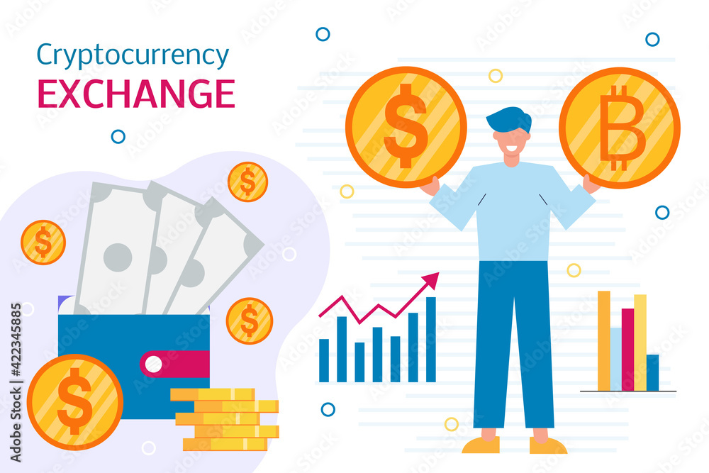 Cryptocurrency exchange concept illustration. Man with bitcoin and dollar golden coin in his hand, wallet,dollars. Multicurrency wallet.Online flat vector illustration. Place for your text. Cryptocurrency exchange concept illustration. Man with bitcoin and dollar golden coin in his hand, wallet,dollars. Multicurrency wallet.Online flat vector illustration. Place for your text.