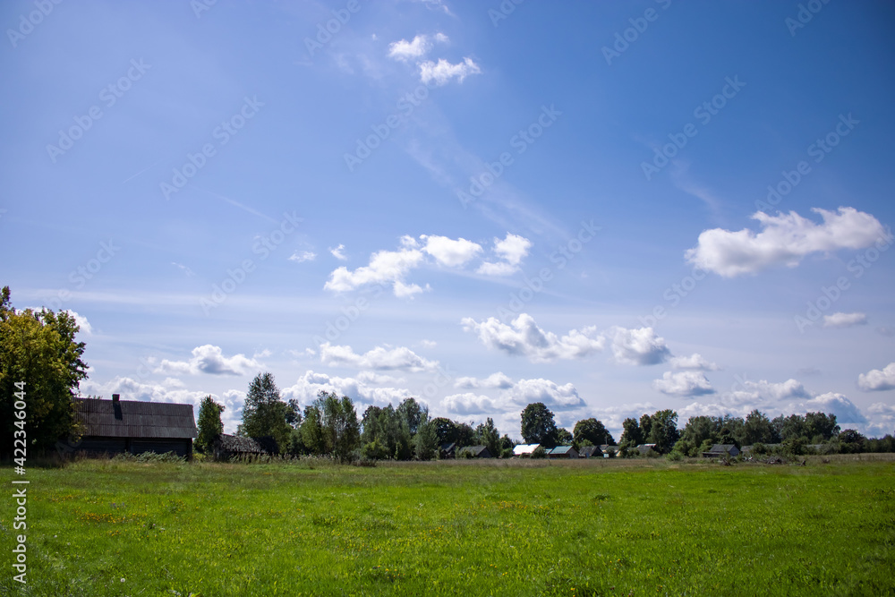 Scenery. Green meadow and blue sky with clouds. Village on the horizon