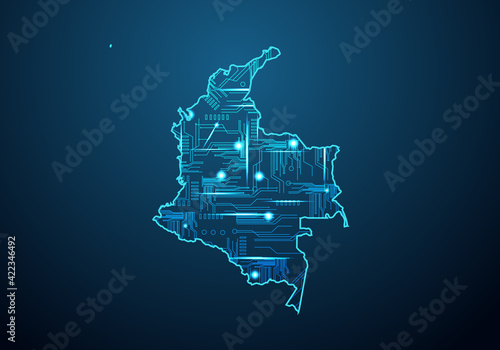Abstract futuristic map of colombia.Circuit Board Design Electric of the region. Technology background. mash line and point scales on dark with map.