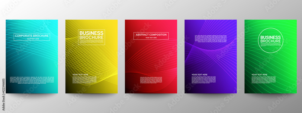 Plakat Cover geometric minimal. Set. Vector abstract line pattern for poster design. Set of templates for business brochures. Cool gradients. Graphic pattern for annual album backdrop.