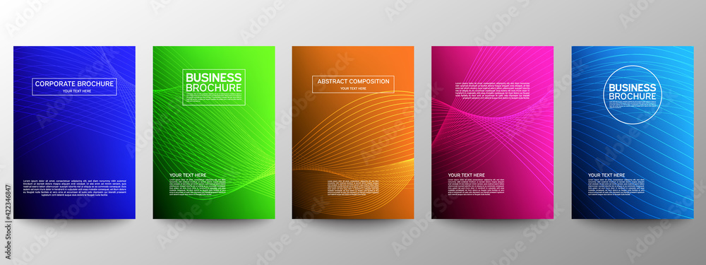 Fototapeta premium Cover geometric minimal. Set. Vector abstract line pattern for poster design. Set of templates for business brochures. Cool gradients. Graphic pattern for annual album backdrop.