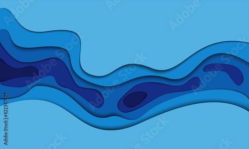 Abstract blue tone wave curve paper cut art 3D background vector illustration.