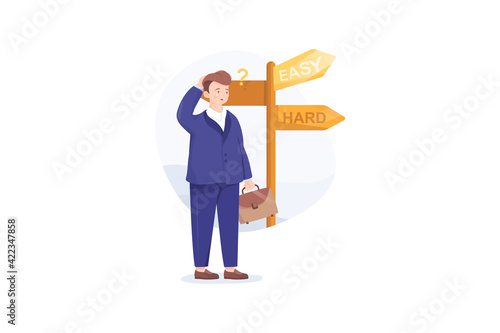 Choice Way Concept with Confused Business People Stand at Road Pointer with Hard and Easy Directions, Making Decision what Path to Choose.