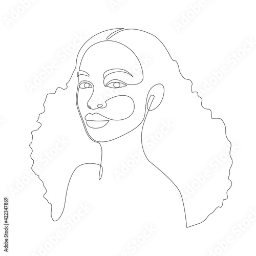 African woman face line drawing. Minimalistic abstract women portrait continuous line art for logo, prints, tattoos, posters, textiles, postcards. Vector illustration