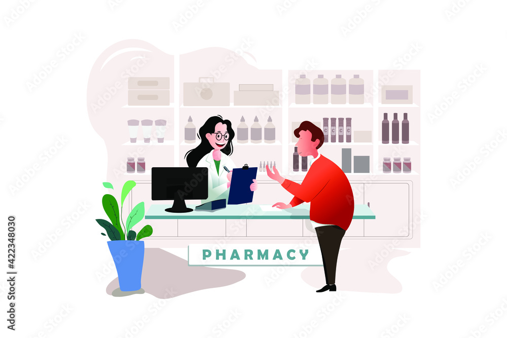 Pharmacist at counter in pharmacy.Man buys drugs at the pharmacy.