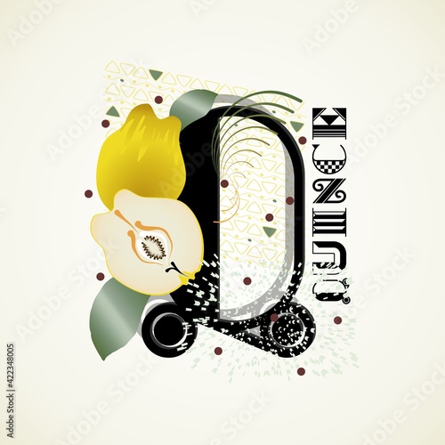 The letter Q and Quince on a bright abstract background