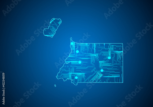 Abstract futuristic map of equatorial Guinea.Circuit Board Design Electric of the region. Technology background. mash line and point scales on dark with map.