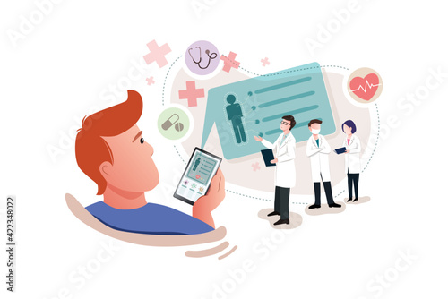 User video calling a doctor using and healthcare app on his smartphone and professional medical team connected
