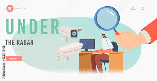 Corporate Control Landing Page Template. Boss Hand Hold Huge Magnifying Glass Watch on Working Businesswoman Employee