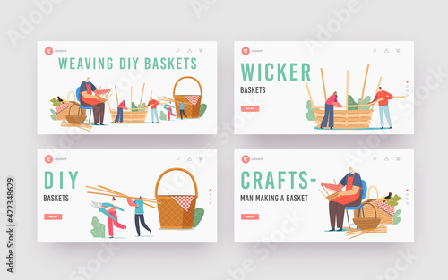 Basket Weaving Diy Landing Page Template Set. Senior Male Character Make Wicker Pannier of Natural Materials Willow photo