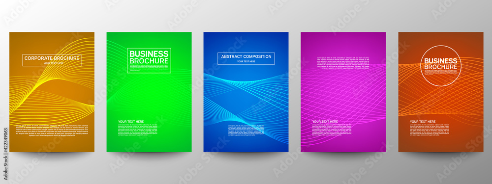 Fototapeta premium Cover geometric minimal. Set. Vector abstract line pattern for poster design. Set of templates for business brochures. Cool gradients. Graphic pattern for annual album backdrop.