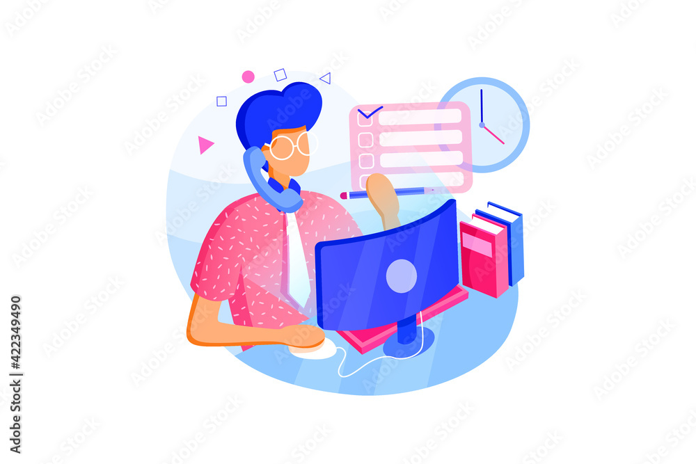 Young flat businessman with glasses at the computer at work. Concept man with cellphone, device, graphic designer, Young flat businessman with glasses at the computer at work. Concept man with cellphone, device, graphic designer,