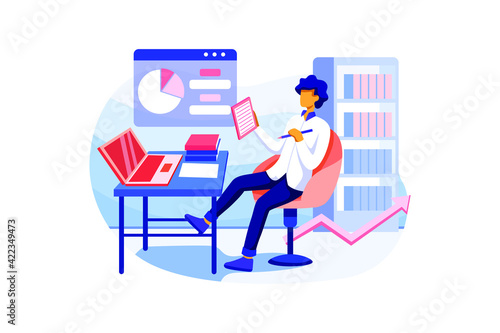 Male office workers are studying the infographic, the analysis of the evolutionary scale. 